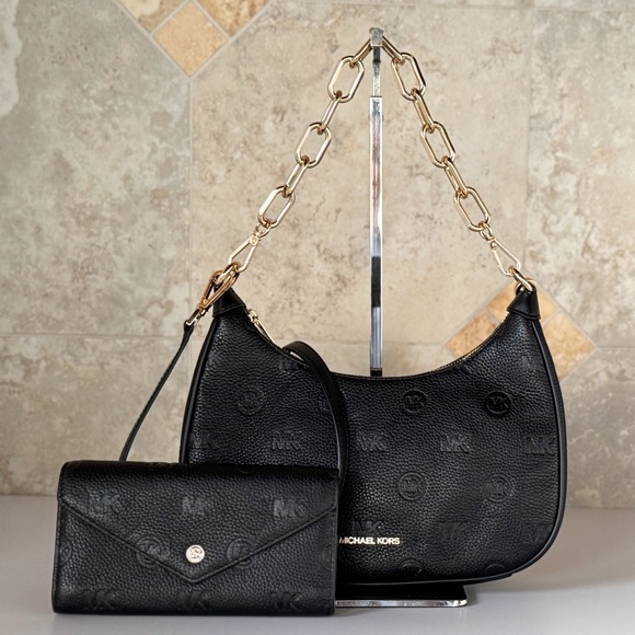 Michael Kors Cora MK Embossed Black Shoulder Bag and Wallet Set - Picture 1 of 16
